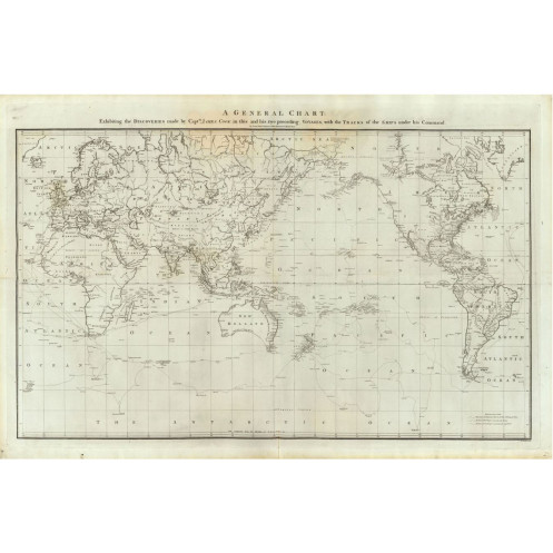 Reproduction of old nautical chart of the world in 1785 - Captain Cook's expeditions