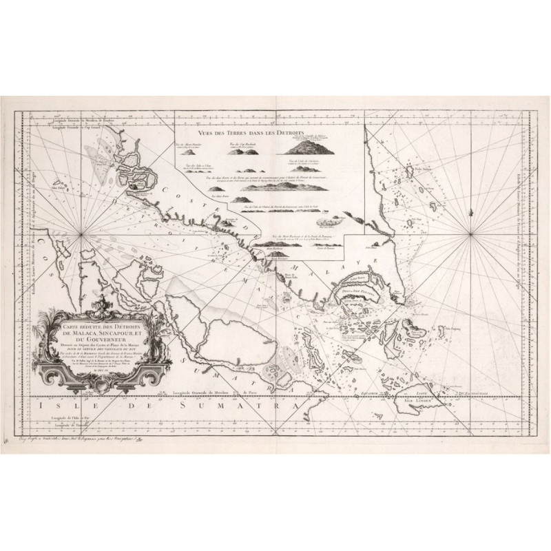 Reproduction of old nautical chart of the Singapore Strait and Malacaña in 1755