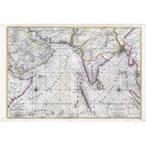 Reproduction of old nautical chart of the Indian Ocean in 1708