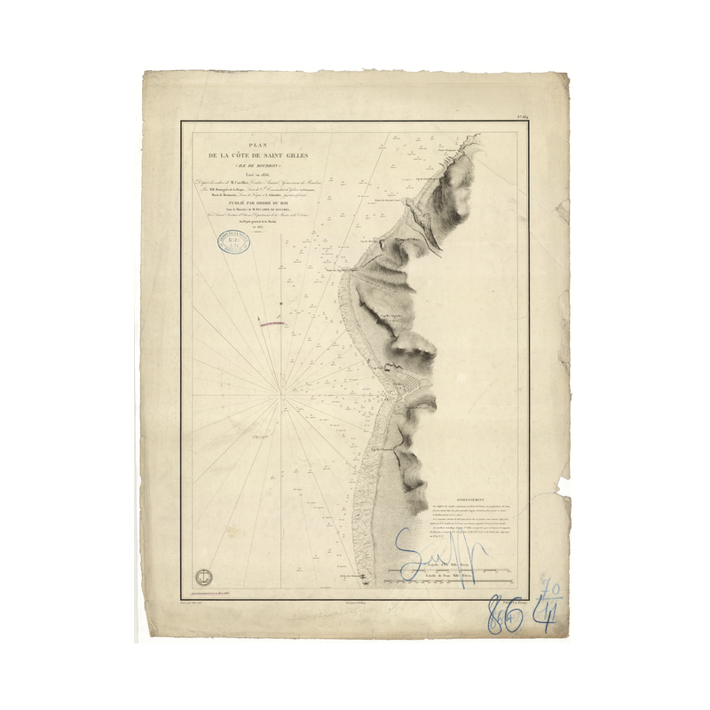 Reproduction carte marine ancienne - 864 - BOURBON (île), LA REUNION (île), SAINT-GILLES (Abords) - INDIEN (Océan) - (1837 - ?)