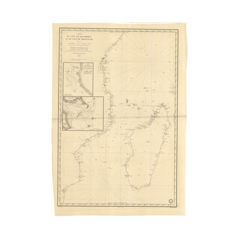 Reproduction carte marine ancienne Shom - 875 - MOZAMBIQUE,MADAGASCAR - INDIEN (Océan),MOZAMBIQUE (Canal),AFRIQUE (Côt