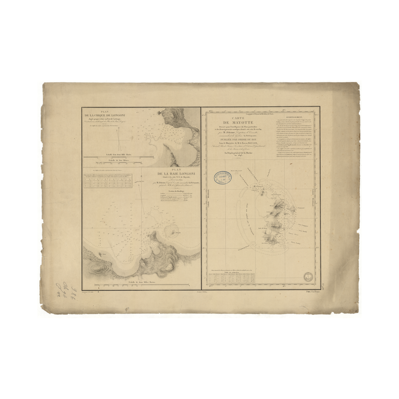 Reproduction carte marine ancienne Shom - 986 - MAYOTTE (île) - COMORES - INDIEN (Océan),MOZAMBIQUE (Canal) - (1843 -