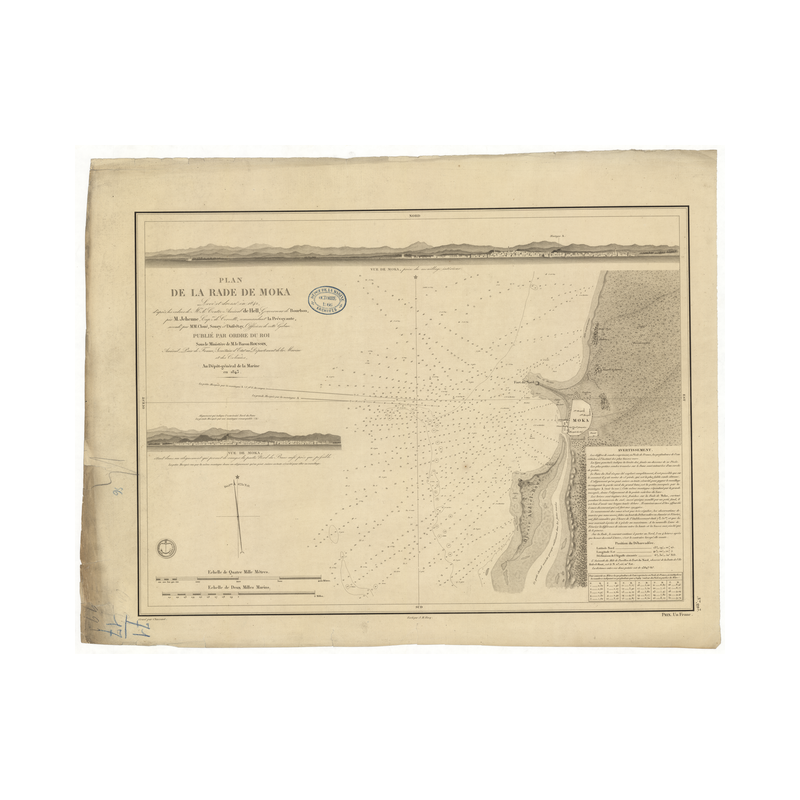 Reproduction carte marine ancienne Shom - 993 - MOKA (Rade), MOKHA (Rade) - YEMEN - INDIEN (Océan),ROUGE (Mer) - (1843