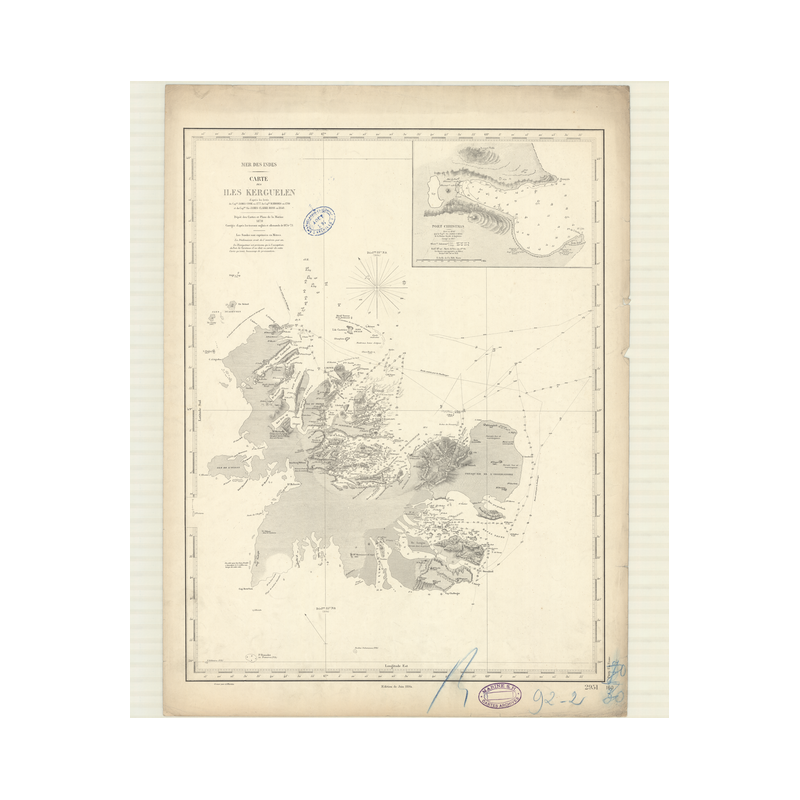 Reproduction carte marine ancienne Shom - 2951 - KERGUELEN (îles) - INDIEN (Océan),INDES (Mer) - (1870 - ?)