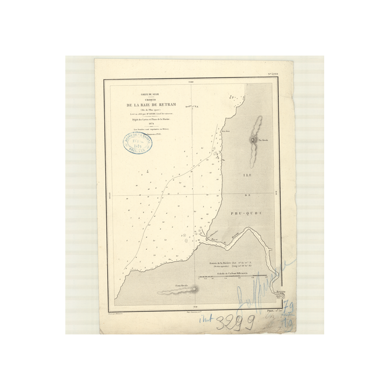 Reproduction carte marine ancienne Shom - 3299 - pHU-QUOC (île), RETRAM (Baie) - pACIFIQUE,SIAM (Golfe),THAILANDE (Golf