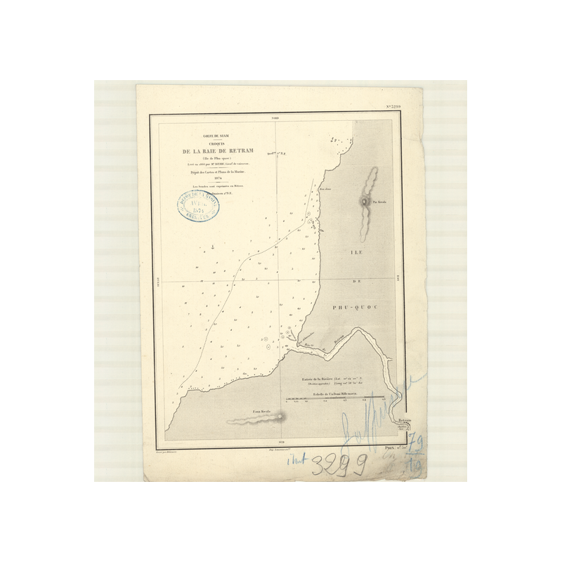 Reproduction carte marine ancienne - 3299 - PHU-QUOC (île), RETRAM (Baie) - PACIFIQUE, SIAM (Golfe), THAILANDE (Golfe) - (1874 -