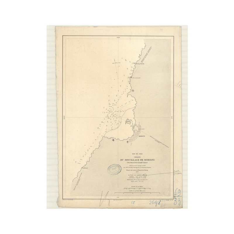 Reproduction carte marine ancienne Shom - 3698 - GRANDE COMORE (île - Côte Ouest), MORONI (Mouillage) - COMORES - INDI