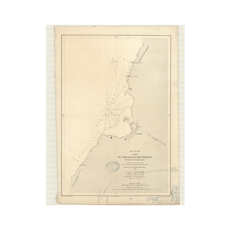 Carte marine ancienne - 3698 - GRANDE COMORE (île - Côte Ouest), MORONI (Mouillage) - COMORES - INDIEN (Océan), INDES (Mer), MOZ