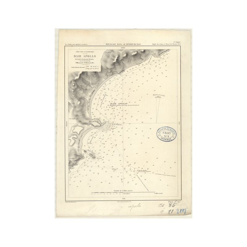 Reproduction carte marine ancienne Shom - 2889 - BASS (Détroit), APOLLO (Baie) - AUSTRALIE (Côte Sud) - (1870 - 1890)