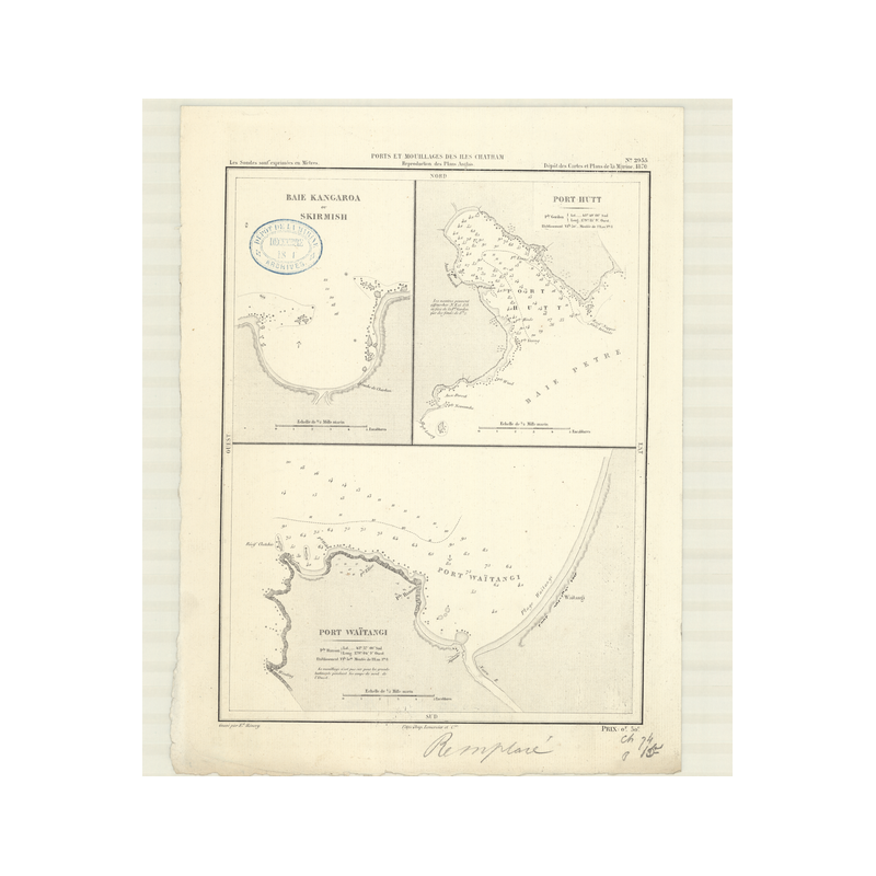 Reproduction carte marine ancienne Shom - 2955 - CHATHAM (îles), KANGAROA (Baie), SKIRMISH (Baie) - NOUVELLE-ZELANDE -