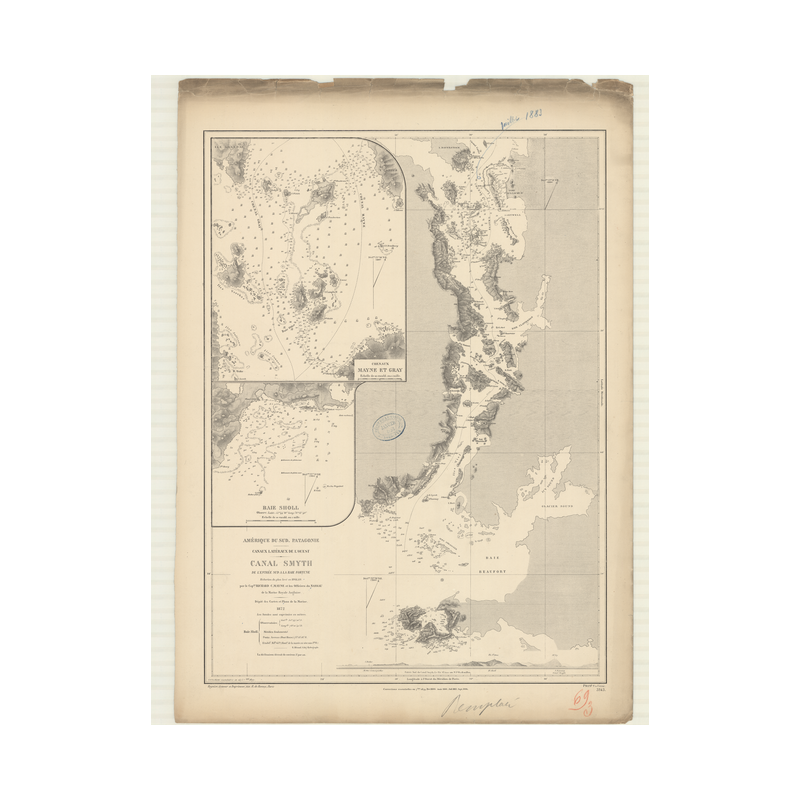 Reproduction carte marine ancienne Shom - 3143 - pATAGONIE, SMYTH (Canal) - CHILI - pACIFIQUE,AMERIQUE de SUD (Côte Oue