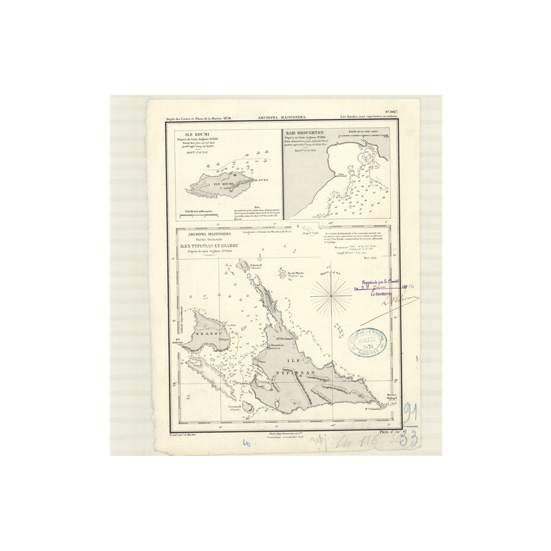 Reproduction carte marine ancienne Shom - 3167 - MAJICOSIMA (Archipel), SAKISHIMA GUNTO, KOUMI (île), YONAKUNI (île) -