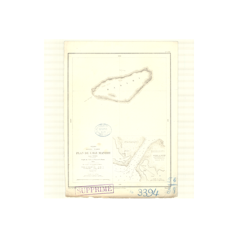 Reproduction carte marine ancienne Shom - 3394 - TUAMOTU (Archipel), MANIHI (île) - pACIFIQUE,OCEANIE - (1874 - 1935)