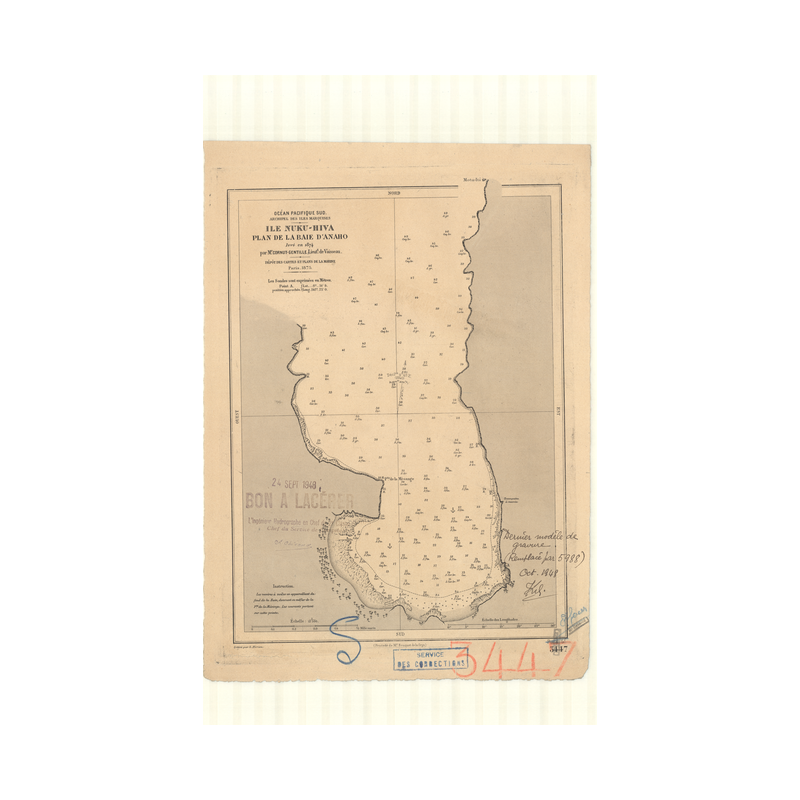 Reproduction carte marine ancienne Shom - 3447 - MARQUISES (îles), NUHU-HIVA (île), ANAHO (Baie) - pOLYNESIE FRANCAISE
