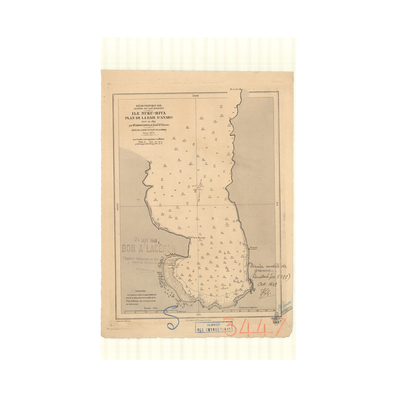 Reproduction carte marine ancienne - 3447 - MARQUISES (îles), NUHU-HIVA (île), ANAHO (Baie) - POLYNESIE FRANCAISE - PACIFIQUE -