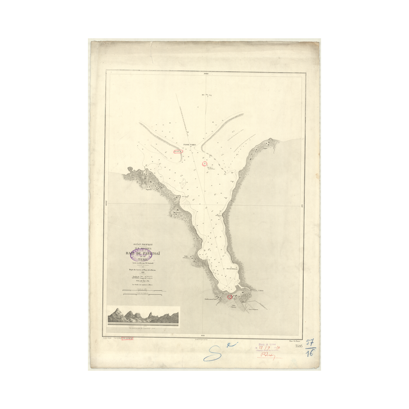 Reproduction carte marine ancienne Shom - 3593 - SOCIETE (îles), MOOREA (île), pAPETOAI (Baie), TERIU (Baie) - pOLYNES