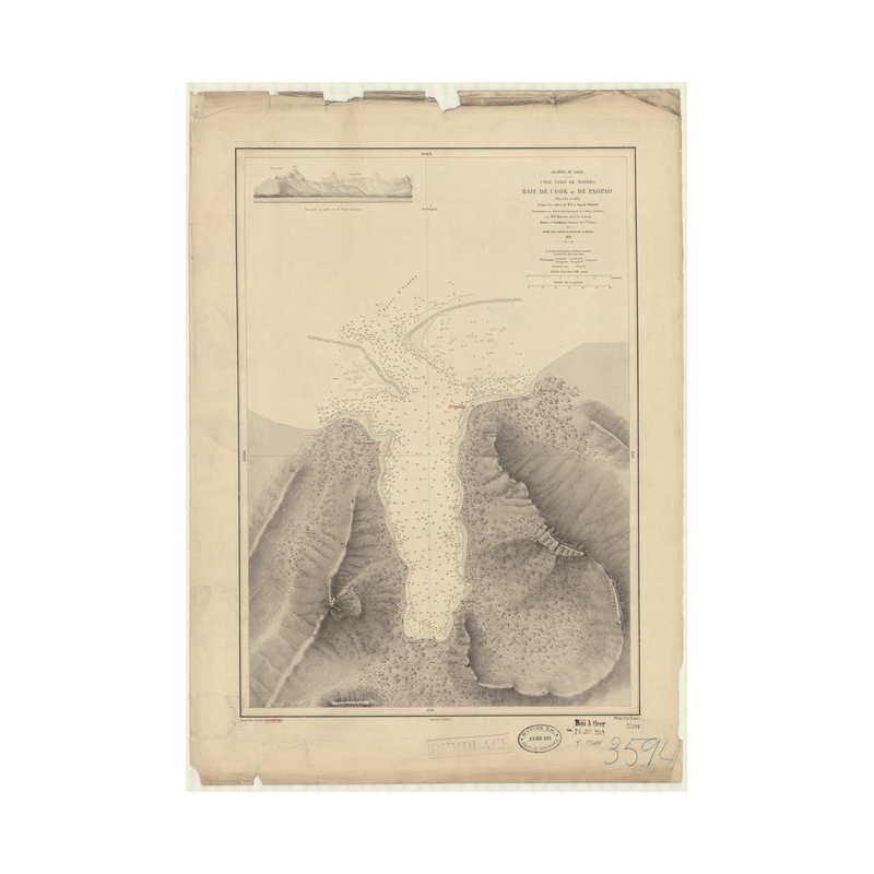 Reproduction carte marine ancienne Shom - 3594 - SOCIETE (îles), TAHITI (Archipel), MOOREA (île), COOK (Baie), pAOPAO