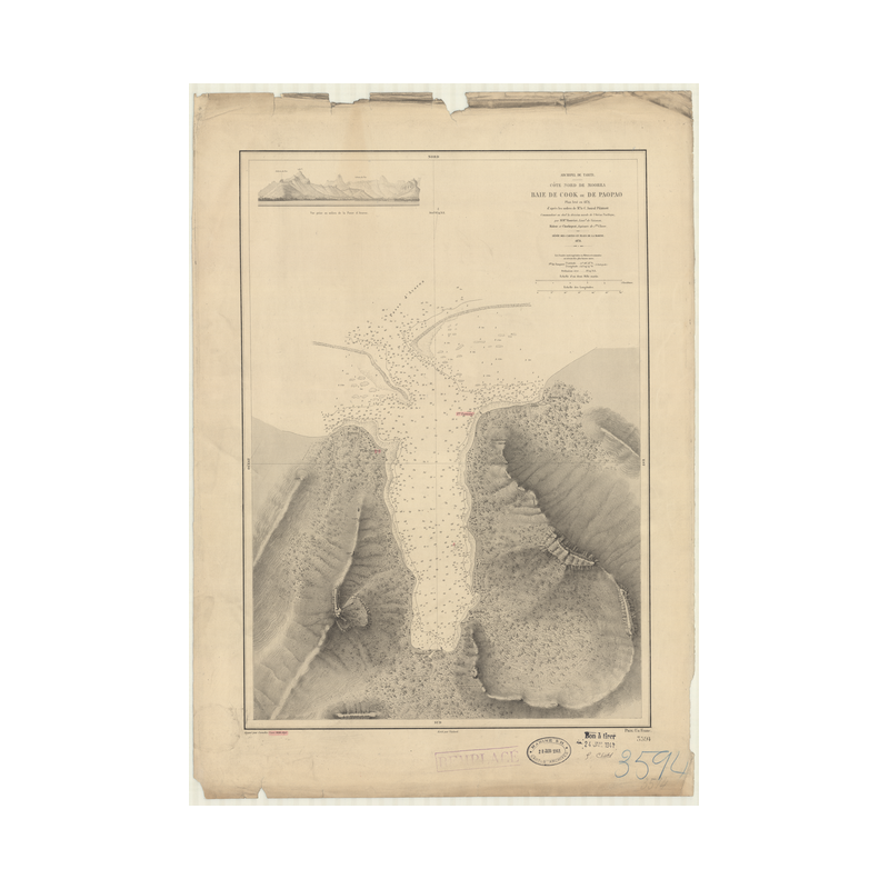 Reproduction carte marine ancienne - 3594 - SOCIETE (îles), TAHITI (Archipel), MOOREA (île), COOK (Baie), PAOPAO (Baie) - POLYNE