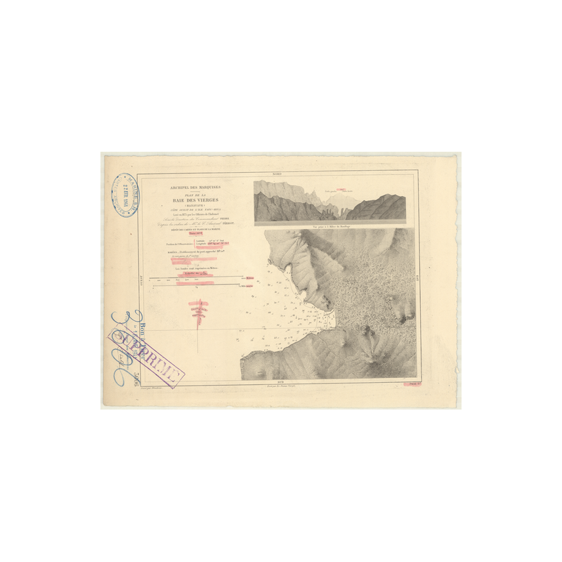 Reproduction carte marine ancienne Shom - 3606 - MARQUISES (îles), FATU-HIVA (île), VIERGES (Baie), HANAVAVE (Baie) -