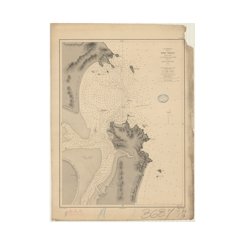 Reproduction carte marine ancienne Shom - 3637 - BOWEN (Port), CLINTON (Port) - pACIFIQUE,CORAIL (Mer),AUSTRALIE (Côte