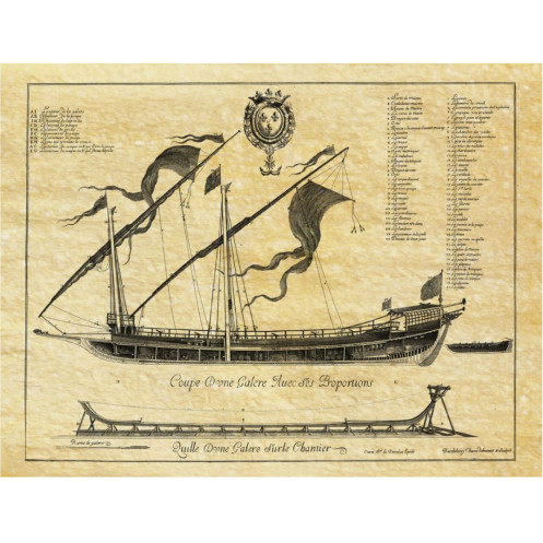 Reproduction gravure'ancienne Galère en coupe de 1685 - 58 x 41 cm