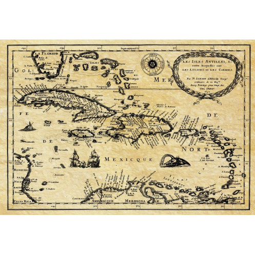 Reproduction carte marine ancienne des Caraïbes au temps des pirates en 1657