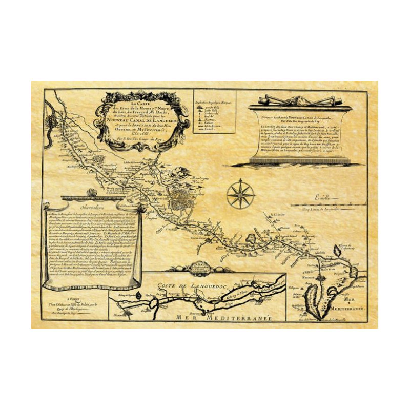 Reproduction carte marine ancienne du Canal du Midi en 1665