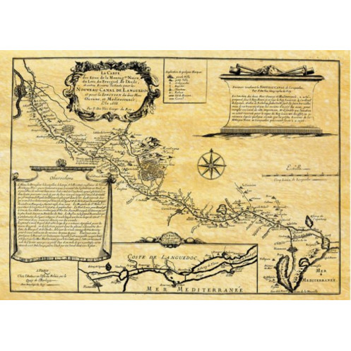 Reproduction carte marine ancienne du Canal du Midi en 1665