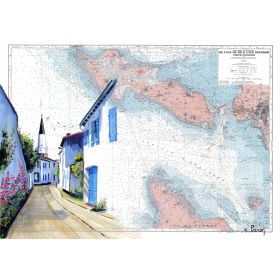 Carte marine peinte - De l'île de Ré à l'île d'Oléron - avec jolie rue