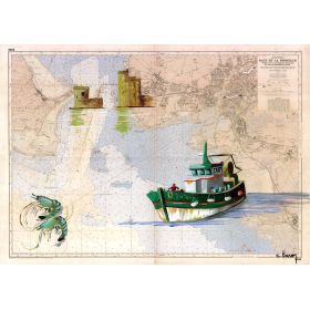 Carte marine peinte - Baie de la Rochelle - avec bateau de pêche