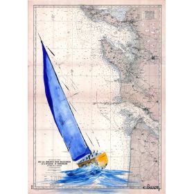 Carte marine peinte - De la pointe des baleines à l'étang d'Hourtin - avec voilier