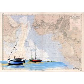 Carte marine peinte - Baie de la Rochelle - voiliers