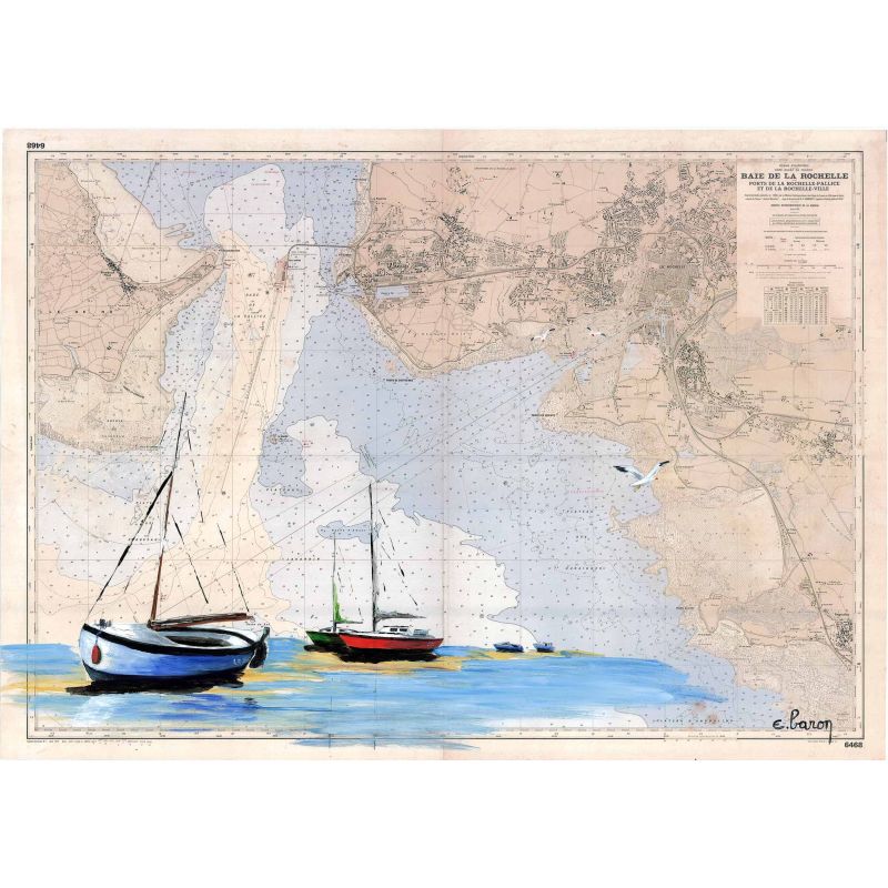 Carte marine peinte - Baie de la Rochelle - avec voiliers