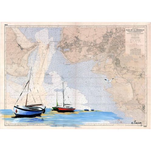 Carte marine peinte - Baie de la Rochelle - voiliers