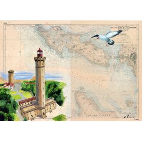 Carte marine peinte - De l'île de Ré à l'île d'Oléron - avec phare des baleines