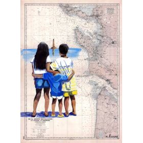 Carte marine peinte - De la pointe des baleines à l'étang d'Hourtin - avec enfants