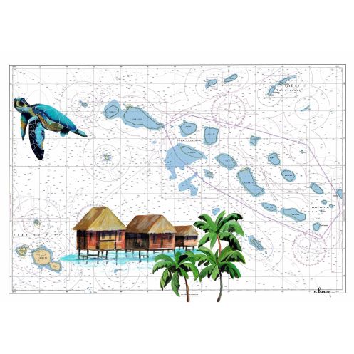 Carte marine peinte - Iles Tuamotu (partie Ouest) - avec tortue