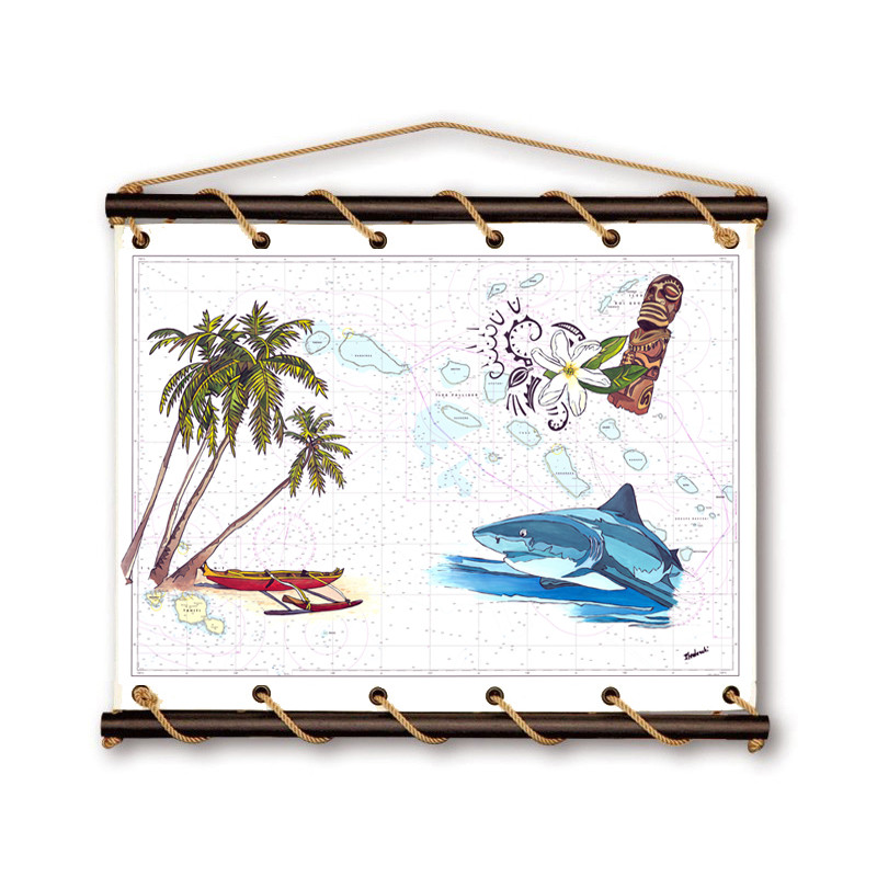 Toile tendue carte marine peinte - Iles Tuamotu (partie Ouest) - avec requin