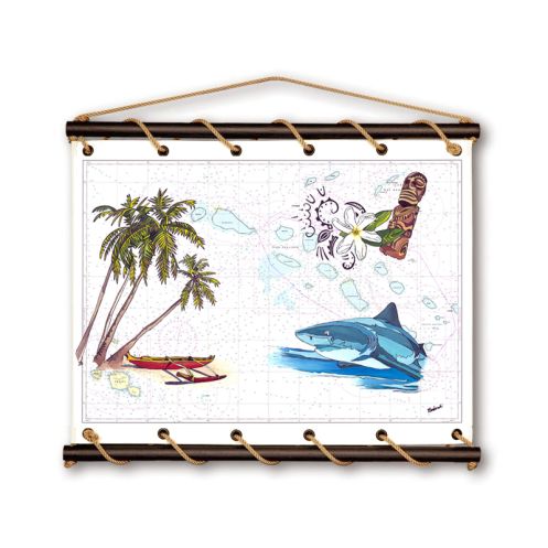 Toile tendue d'une carte marine peinte - Tuamotu avec requin