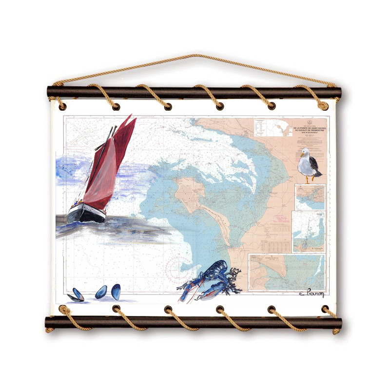 Toile tendue carte marine peinte - De la pointe de Saint Gildas au goulet de Fromentine - avec bateau