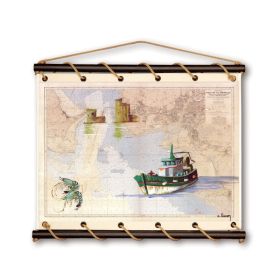 Toile tendue carte marine peinte - Baie de la Rochelle - avec bateau de pêche