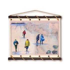 Toile tendue carte marine peinte - De l'ile de Ré à l'ile d'Oléron - avec pêcheurs à pied