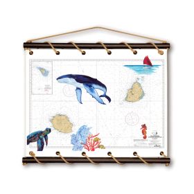Toile tendue carte marine peinte - Iles de la Réunion à Maurice - avec baleine