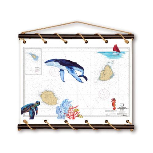 Toile tendue carte marine peinte - Iles de la Réunion à Maurice - avec baleine