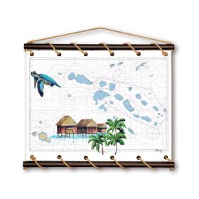 Toile tendue d'une carte marine peinte - Tuamotu avec tortue