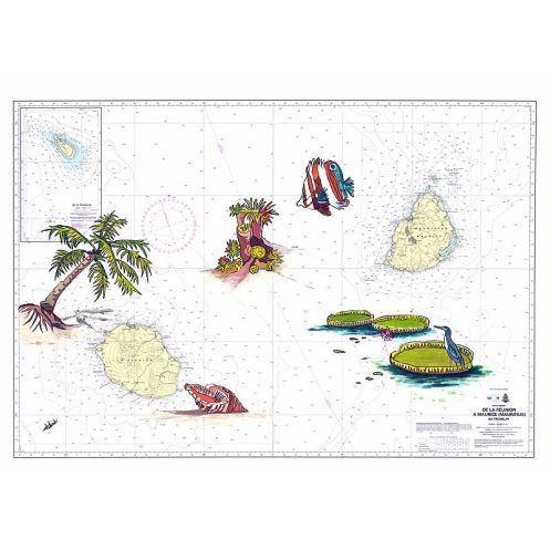 Carte marine peinte - Iles de la Réunion à Maurice - avec palmier