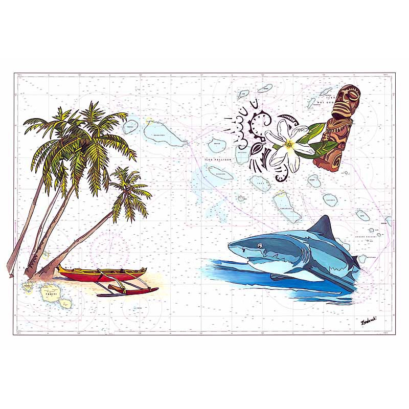Carte marine peinte - Iles Tuamotu (partie Ouest) - avec requin