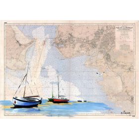 Carte marine peinte sur papier - Echouage à la Rochelle