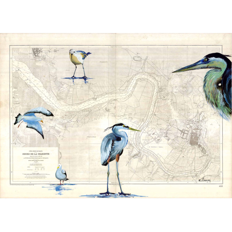 Carte marine peinte sur papier - Escadrille charentaise