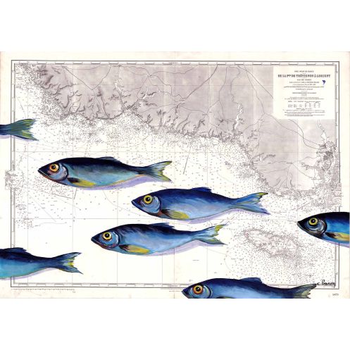 Carte marine peinte sur papier - En sortant de Lorient Carte marine peinte sur papier - En sortant de Lorient